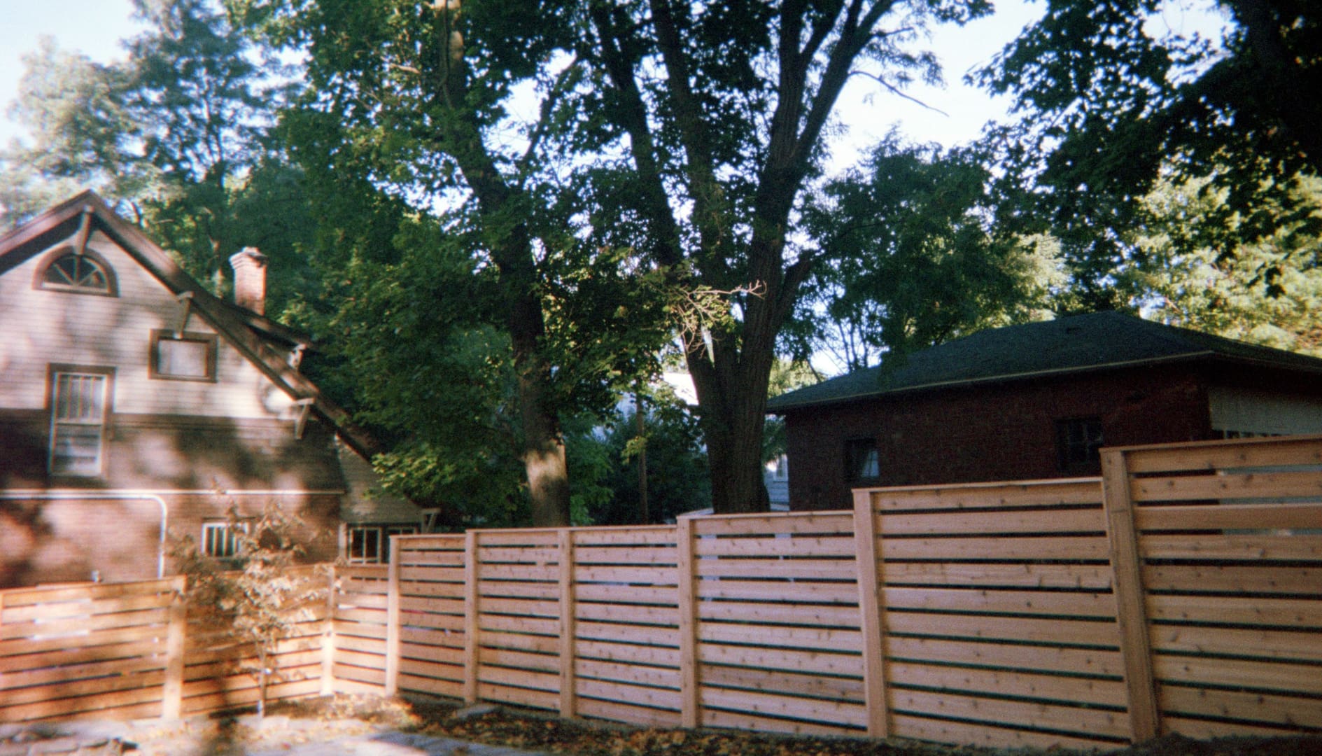 Wooden fence with trees and houses