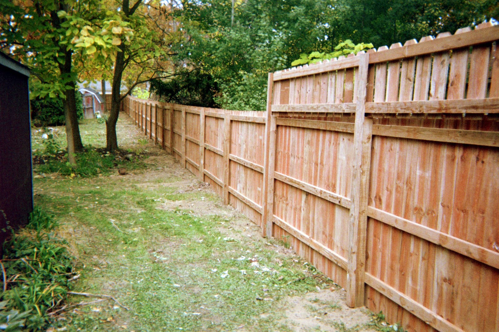 Wooden fence along a grassy path