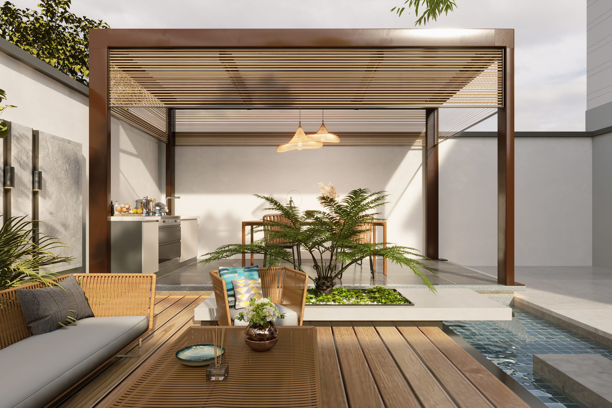 3d modeling and rendering of gazebo, pergola, seating area design A modern beautiful home terrace with pool, wall mockup, plants. 3d render, 3d illustration NOT AI